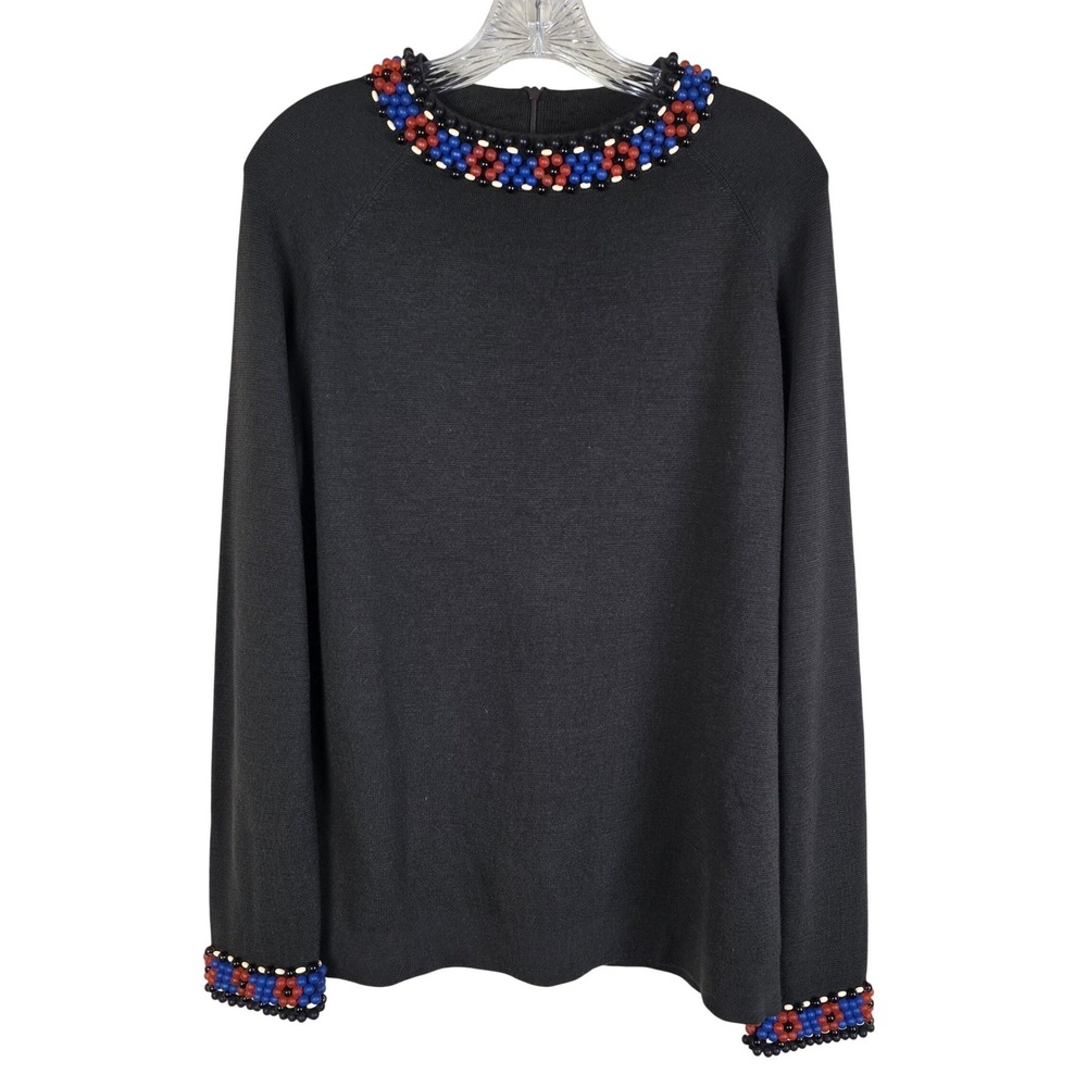 Worth New York 100% Wool Beaded Sweater Large Black Blue Red Floral Neck Cuff L‎